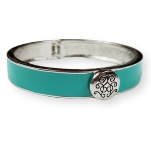 Turquoise Enamel Cuff Bracelet Clamper Shiny Silver Tone Scrolled Colorful 7"